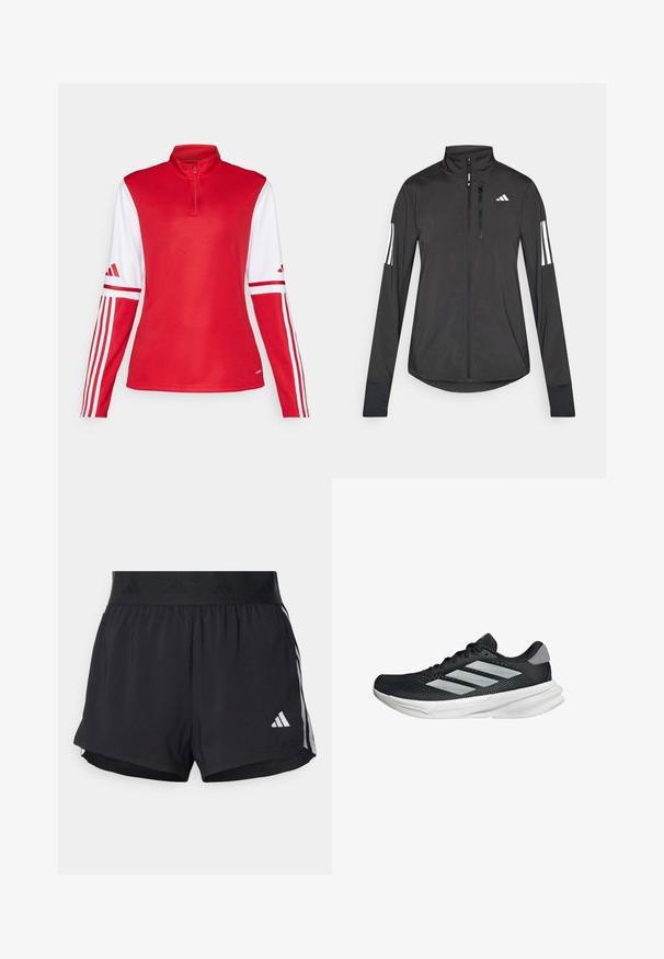 Schwarze Sportjacke aus leichtem Material. Mit einem Frontreißverschluss, hohem Kragen und drei weißen Streifen an jedem Ärmel.; Rotes langärmliges Sportoberteil mit hohem Kragen, weißen Ärmelakzenten und drei weißen Streifen entlang der Ärmel. Mit einem halben Reißverschluss an der Vorderseite.; Schwarze Sportshorts mit einem elastischen Bund, ausgestattet mit einem strukturierten Band, seitlichen Streifen und einem weißen Adidas-Logo am unteren Saum.; Schwarzer Laufschuh mit Mesh-Obermaterial, drei silbernen Streifen, weißer Zwischensohle und strukturiertem Außensohle. Verfügt über einen gepolsterten Schaft und eine Schnürung.