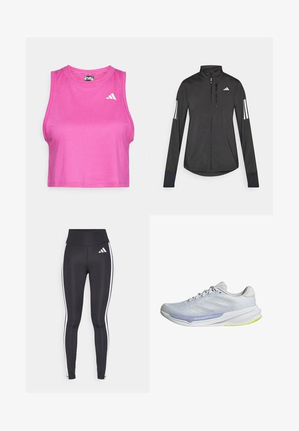 Zwarte sportjack gemaakt van lichtgewicht materiaal. Voorzien van een ritssluiting aan de voorkant, hoge kraag en drie witte strepen op elke mouw.; Roze sportieve crop top gemaakt van een gladde, rekbare stof. Heeft een ronde halslijn en een wit logo op de linkerkant van de borst.; Zwarte legging met hoge taille, voorzien van witte zijkanten en een klein wit logo op de linkerbovenbeen. Gemaakt van een gladde, rekbare stof.; Witte sportschoen met een ademende mesh bovenkant, een gemêleerd ontwerp en lavendelkleurige accenten. Heeft een gevoerde zool met groene details op de buitenzool.