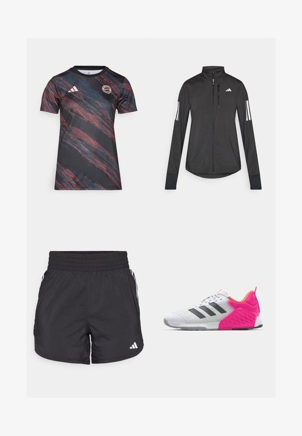Svart treningsjakke laget av lett materiale. Har glidelås foran, høy krage og tre hvite striper på hver erme.; Svart treningsskjorte med abstrakte røde og blå striper, Adidas-logo, rund hals, og Bayern München-emblem. Laget av glatt stoff.; Svarte treningsshorts med elastisk midje, sidelommer og hvite stripeaksenter på sidene. Laget av lett materiale.; Hvite joggesko med grå striper, mesh-overdel og rosa hæl og detaljer. Har teksturert hæl og gummisåle. Snøring og polstret krage.