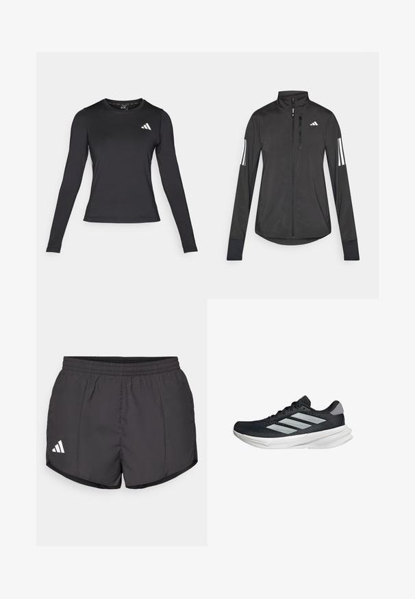 Čierna športová bunda vyrobená z ľahkého materiálu. Má zips vpredu, vysoký golier a tri biele pruhy na každom rukáve.; Čierne športové tričko s dlhým rukávom vyrobené z hladkého, elastického materiálu. Na hrudi sa nachádza biele logo. Filtrovaný dizajn s okrúhlym výstrihom.; Čierne športové šortky vyrobené z ľahkej látky, s elastickým pásom a bielym logom Adidas na dolnej ľavej strane.; Čierna behacia obuv s vrchnou časťou z priedušného materiálu, tromi striebornými pruhmi, bielou medzipodrážkou a textúrovanou podrážkou. Obsahuje polstrovaný golier a uzatváranie na šnúrky.