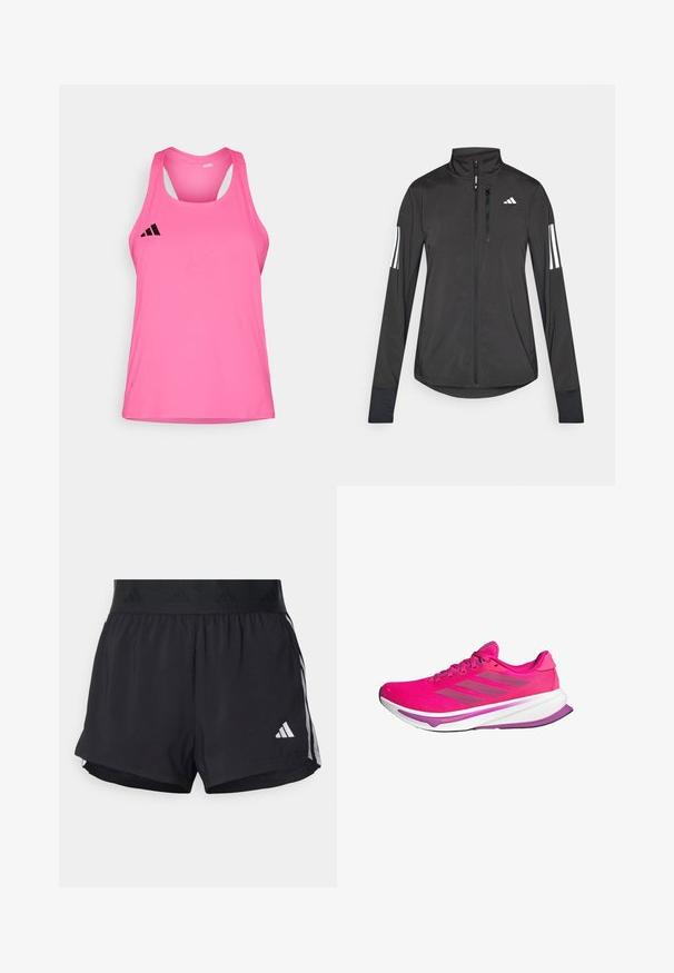 Melnā sporta jaka, izgatavota no viegla materiāla. Tajā ir priekšējais rāvējslēdzis, augsta apkakle un trīs baltas svītras katrā piedurknē.; Gaišs rozā sporta topiņš ar apaļu kakla izgriezumu, sacensību jostas dizainu un melnu logo augšējā kreisajā stūrī. Gluda tekstūra.; Melni sporta šorti ar elastīgu jostu, ar teksturētu joslu, sānu svītrām un baltu Adidas logo apakšējā malu.; Rozā skriešanas apavi ar acs materiālu virsējo daļu, baltu starpsoļa daļu un violetiem akcentiem. Trīs pelēkas svītras sānos un izliekts zoles dizains.