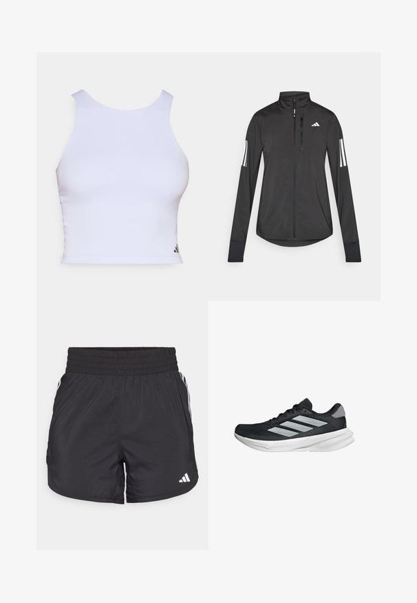 Musta urheilutakki, joka on valmistettu kevyestä materiaalista. Ominaisuuksiin kuuluu etuvetoketju, korkea kaulus ja kolme valkoista raitaa joka hihassa.; Valkoinen urheilu crop-top, joka on valmistettu sileästä kankaasta. Siinä on pyöreä pääntie, hihaton muotoilu ja pieni musta logo alakulmassa.; Mustat urheilushortsit, joissa on joustava vyötärö, sivutaskut ja valkoiset raidat sivuilla. Valmistettu kevyestä materiaalista.; Musta juoksukenkä, jossa on verkko-osa ylhäällä, kolme hopeista raitaa, valkoinen välipohja ja teksturoitu pohja. Varustettu pehmustetulla nilkkaremmeillä ja nauhakiinnityksellä.