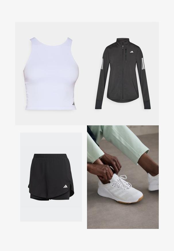 Melnā sporta jaka, izgatavota no viegla materiāla. Tajā ir priekšējais rāvējslēdzis, augsta apkakle un trīs baltas svītras katrā piedurknē.; Balta sporta topiņš, kas izgatavots no gludas auduma, ar apaļu kakla izgriezumu, bez piedurknēm un nelielu melnu logotipu apakšējā stūrī.; Melni sporta šorti ar elastīgu jostu, slāņota dizaina, iekšējām pieguļošām šortiem un baltu logo apakšējā kreisajā pusē.; Baltas sporta apavi ar acs audumu, gumijas zoli un trim svītrām dizainā. Šņores tiek regulētas; redzams gaiši pelēks un piparmētru zaļš apģērbs.