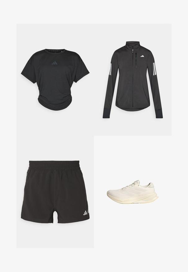 Črna športna jakna iz lahkega materiala. Ima sprednji zadrgo, visok ovratnik in tri bele črte na vsaki rokavi.; Črna atletska majica s kratkimi rokavi, okroglim izrezom in rahlo zbirano spodnjim robom. Ima subtilen temen logotip na prsih.; Črne atletske kratke hlače iz lahkega materiala. Imajo elastičen pas, stranski žep na zadrgo in odsevni logotip na konici.; Svetlo bež športni copat z mrežno zgornjico, ravnimi vezalkami in oblazinjenim podplatom. Ima zasnovo s tremi črtami na bočni strani.