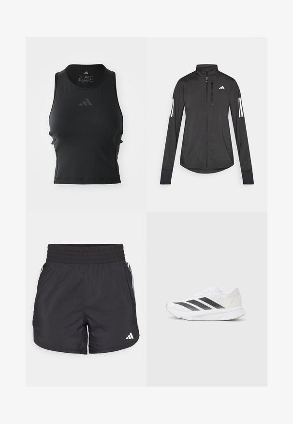 Juodas sportinis švarkas, pagamintas iš lengvos medžiagos. Yra priekinis užtrauktukas, aukšta apykaklė ir trys baltos juostos kiekviename rankovėje.; Juodas trumpas sportinis topas, pagamintas iš lygaus, elastingo audinio; turi apvalų iškirpimą ir mažą, atspindinčią logotipą priekyje.; Juodos sportinės šortai su elastingu juosmeniu, šoninėmis kišenėmis ir baltais juostelėmis šonuose. Pagaminti iš lengvos medžiagos.; Baltos sportinės bateliai su juodomis įstrižainėmis, tinklinė viršutinė dalis, apvalus pirštas ir tekstūruotas padas. Priedai apima sidabrinį kulną ir minimalistinį dizainą.