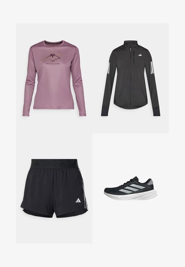 Black athletic jacket made of lightweight material. Features a front zipper, high collar, and three white stripes on each sleeve.; Long-sleeve mauve athletic shirt with mountain logo and "ASICS FUJITRAIL" text on the front.; Black athletic shorts with an elastic waistband, featuring a textured band, side stripes, and a white Adidas logo on the lower hem.; Black running shoe with mesh upper, three silver stripes, white midsole, and textured outsole. Features padded collar and lace closure.