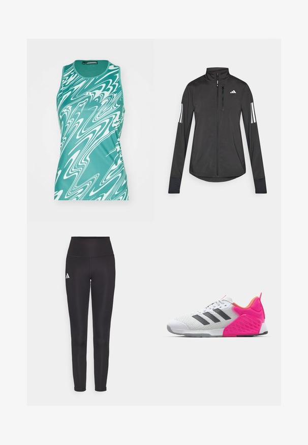 Μαύρο αθλητικό μπουφάν από ελαφρύ υλικό. Διαθέτει μπροστινό φερμουάρ, υψηλό γιακά και τρεις λευκές ρίγες σε κάθε μανίκι.; Τιρκουάζ αμάνικο μπλουζάκι με λευκό σ swirling σχέδιο. Φτιαγμένο από λείο ύφασμα, διαθέτει στρογγυλή λαιμόκοψη και σχέδιο χωρίς μανίκια. Ισιωμένο στρίφωμα στην κάτω άκρη.; Μαύρες ψηλόμεσες κολάν φτιαγμένες από ελαστικό ύφασμα. Διαθέτουν λευκό λογότυπο στην αριστερή πλευρά και κομψό, χωρίς ραφές σχέδιο. Απαλή υφή.; Λευκό αθλητικό παπούτσι με γκρι ρίγες, επάνω μέρος από δίχτυ και ροζ φτέρνα και λεπτομέρειες. Διαθέτει υφασμάτινη φτέρνα και καουτσούκ σόλα. Σχοινιά και επενδεδυμένος λαιμός.