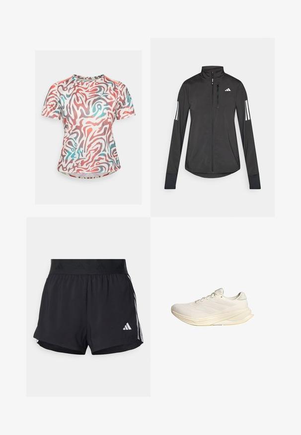 Svart treningsjakke laget av lett materiale. Har glidelås foran, høy krage og tre hvite striper på hver erme.; Trøye med korte ermer til trening, med hvit bunn og abstrakt rød og blå svirlende mønster. Laget av glatt, elastisk stoff.; Sorte treningsshorts med elastisk midjebånd, med en teksturert stripe, sidestriper og hvit Adidas-logo på den nedre kanten.; Lys beige treningsko med mesh-overdel, flate snøring og polstret såle. Har tre striper design på siden.