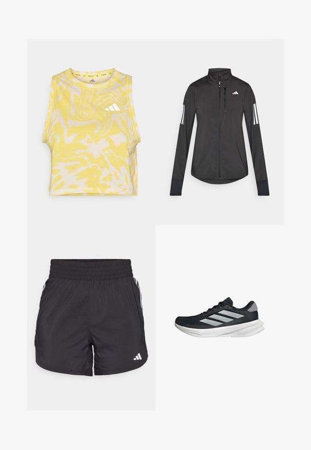 Giacchetto sportivo nero realizzato in materiale leggero. Presenta una chiusura frontale con zip, colletto alto e tre strisce bianche su ciascun manica.; Top corto giallo senza maniche con motivo astratto bianco, scollatura tonda e dettaglio del logo bianco sulla parte anteriore. Tessuto morbido.; Pantaloni sportivi neri con elastico in vita, tasche laterali e strisce bianche ai lati. Realizzati in materiale leggero.; Scarpa da corsa nera con tomaia in mesh, tre strisce argentate, intersuola bianca e suola testurizzata. Presenta un colletto imbottito e chiusura con lacci.