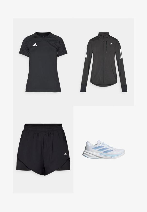 Zwarte sportjack gemaakt van lichtgewicht materiaal. Voorzien van een ritssluiting aan de voorkant, hoge kraag en drie witte strepen op elke mouw.; Zwart sportshirt van lichtgewicht stof. Heeft een ronde hals, korte mouwen en een logo met drie witte strepen op de bovenste linkerzijde.; Zwarte sportshorts met een gelaagd ontwerp, gemaakt van lichtgewicht stof. Voorzien van een elastische tailleband en een klein wit logo aan de zijkant.; Witte hardloopschoenen met lichtblauwe accenten, ademend mesh bovenwerk, drie-stripes ontwerp, gevoerde zool en getextureerde tractiezool.
