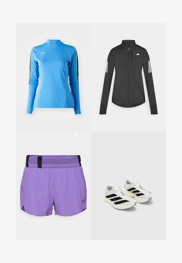 Jachetă sport neagră din material ușor. Are un fermoar frontal, guler înalt și trei dungi albe pe fiecare manșon.; Tricou sportiv cu mâneci lungi de culoare albastru deschis, cu guler înalt. Prezentând dungi negre și verzi neon pe umeri. Material neted și elastic.; ASICS METARUN SPLIT SHORT - Pantaloni scurți sport - edo purple; Încălțăminte sport albă cu dungi negre și branding, având un guler din plasă, vârf rotund și o talpă groasă de crem pentru amortizare.