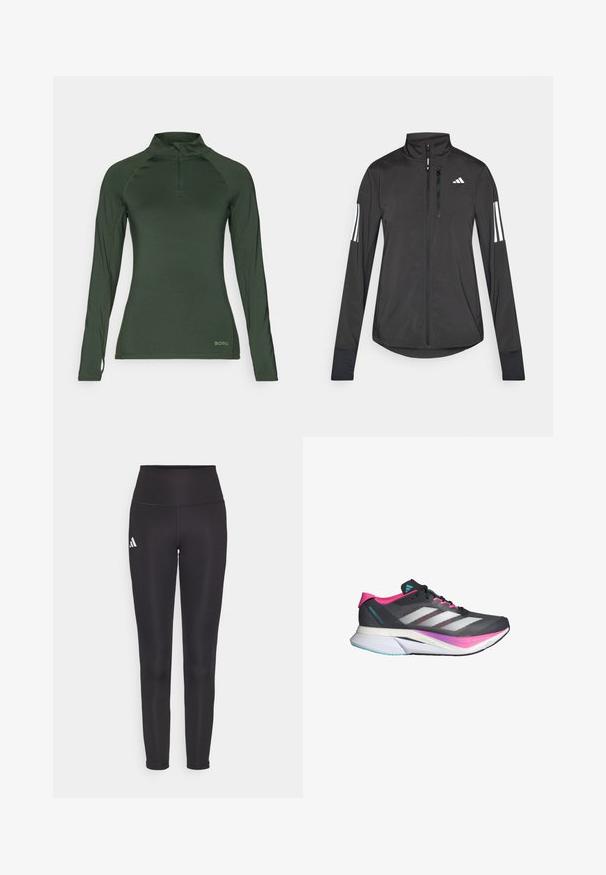 Must mustriga mustrin, millel on esiküljel lukuga, kõrge krae ja igal varrukal kolm valget triipu.; Roheline pikavarrukaga sportlik topp, millel on veerandzipper, lühike istuvus, raglanvarrukad ja peen logo detail ääres. Sile kangast tekstuur.; Mustad kõrge vöökohtadega retuusid, mis on valmistatud elastse kangaga. Vasakul küljel on valge logo ja sujuv, ilma õmblusteta disain. Sile tekstuur.; Hallitusking, millel on hall võrk ja roosa aktsent, samuti valged triibud. Omab pehmet tallat ja sarviklikku, aerodünaamilist disaini.