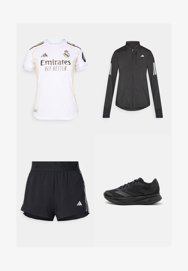Giacchetto sportivo nero realizzato in materiale leggero. Presenta una chiusura frontale con zip, colletto alto e tre strisce bianche su ciascun manica.; Maglia da calcio bianca con accenti neri e gialli, caratterizzata da un collo rotondo, maniche corte e il logo del Real Madrid sul petto.; Pantaloni sportivi neri con cintura elasticizzata, dotati di una banda testurizzata, strisce laterali e un logo Adidas bianco sull'orlo inferiore.; Scarpa da corsa nera con tomaia in rete traspirante, punta rotonda, design elegante, dettagli testurizzati e suola ammortizzata per il comfort.