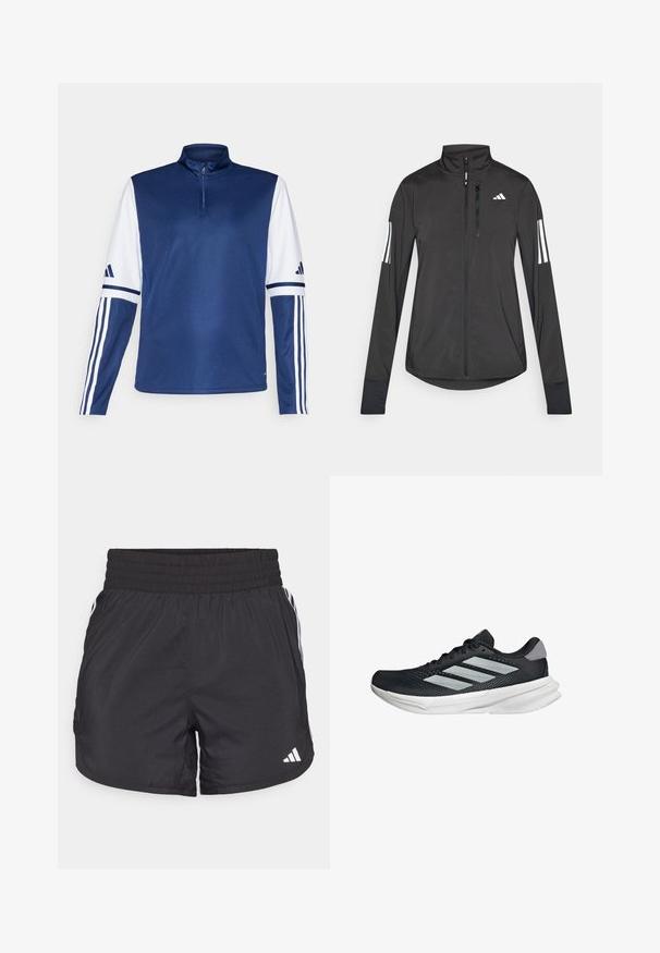 Czarna sportowa kurtka wykonana z lekkiego materiału. Posiada zamek błyskawiczny z przodu, wysoki kołnierz oraz trzy białe paski na każdym rękawie.; Granatowy sportowy pulower z kołnierzykiem na ćwierć zamka, białymi rękawami, trzema białymi paskami na każdym ramieniu oraz gładką fakturą.; Czarne spodenki sportowe z elastycznym paskiem w talii, bocznymi kieszeniami oraz białymi akcentami wzdłuż boków. Wykonane z lekkiego materiału.; Czarny but biegowy z siateczkowym wierzchem, trzema srebrnymi paskami, białą podeszwą środkową i teksturowaną podeszwą zewnętrzną. Posiada wyściełany kołnierz i zapięcie na sznurówki.