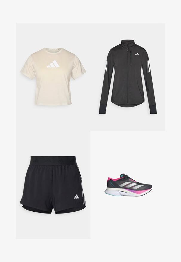 Černá atletická bunda vyrobená z lehkého materiálu. Má přední zip, vysoký límec a tři bílé pruhy na každém rukávu.; Beige tričko s krátkými rukávy vyrobené z měkké tkaniny, s výrazným bílým logem Adidas se třemi pruhy na hrudi. Klasický kulatý výstřih.; Černé sportovní šortky s elastickým pasem, s texturovaným páskem, bočními pruhy a bílým logem Adidas na dolním lemu.; Běžecká obuv s šedým síťovaným svrškem, růžovými akcenty a bílými pruhy. Disponuje odpruženou podrážkou a štíhlým, aerodynamickým designem.