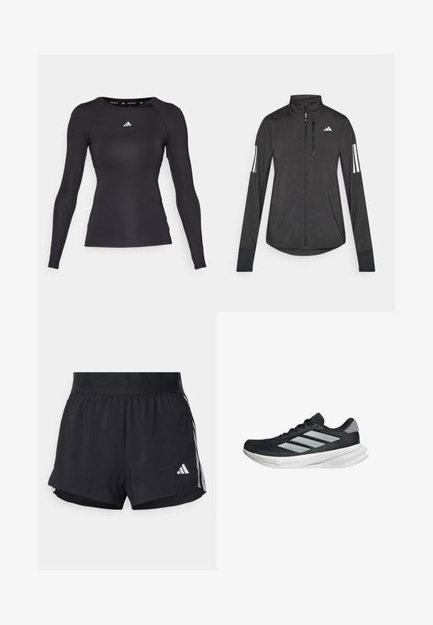Svart idrottsjacka i lätt material. Har en framzipper, hög krage och tre vita ränder på varje ärm.; Svart långärmad träningsskjorta gjord av ett slätt tyg, med en figurnära design och vitt logotyp på bröstet och insidan av kragen.; Svarta sportshorts med elastisk midja, som har en texturerad rem, sidostråk och en vit Adidas-logotyp på den nedre fållen.; Svart löparskor med meshtopp, tre silverränder, vit mellansula och strukturerad sula. Har vadderad krage och snörning.