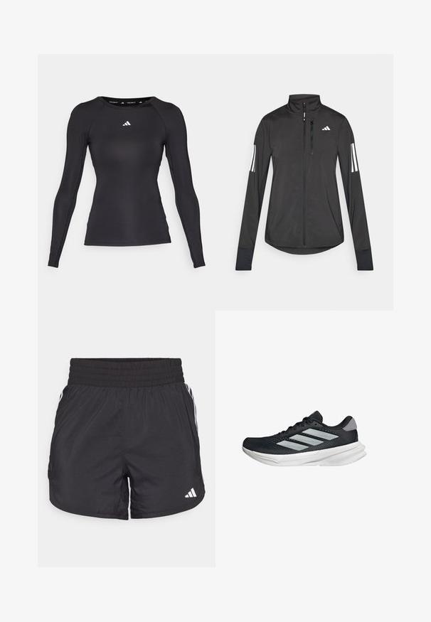 Zwarte sportjack gemaakt van lichtgewicht materiaal. Voorzien van een ritssluiting aan de voorkant, hoge kraag en drie witte strepen op elke mouw.; Zwarte sportieve longsleeve gemaakt van glad materiaal, met een aansluitend ontwerp en een wit logo op de borst en binnen de kraag.; Zwarte sportieve shorts met een elastische tailleband, zijzakken en witte streepaccenten aan de zijkanten. Gemaakt van lichtgewicht materiaal.; Zwarte hardloopschoen met een mesh bovenzijde, drie zilveren strepen, witte middenzool en een gestructureerde loopzool. Heeft een gevoerde kraag en een vetersluiting.