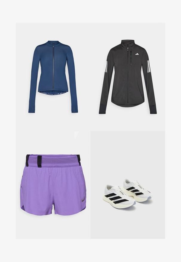 Veste de sport noire en matériau léger. Dotée d'une fermeture éclair sur le devant, d'un col haut et de trois rayures blanches sur chaque manche.; Maillot de cyclisme à manches longues bleu marine avec fermeture éclair à l'avant, design ajusté, tissu doux, col haut et détails de logo sur l'ourlet.; ASICS METARUN SPLIT SHORT - Short de sport - edo purple; Baskets de sport blanches avec des rayures noires et un logo, dotées d'une tige en mesh, d'un bout arrondi et d'une semelle épaisse crème pour un meilleur amorti.
