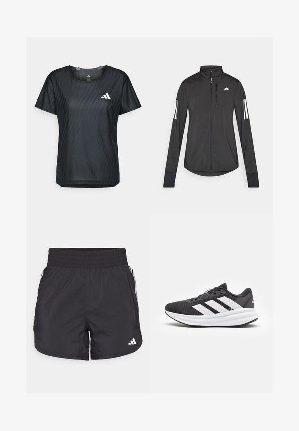 Svart idrottsjacka i lätt material. Har en framzipper, hög krage och tre vita ränder på varje ärm.; Svart atletisk t-shirt med rund hals, korta ärmar och en texturerad tyg med ett subtilt mönster. Vissar en vit logotyp framtill.; Svarta träningsshorts med elastisk midja, sidfickor och vita randkonturer på sidorna. Tillverkade av lätt material.; Svart sportskor med vita accenter, med ett meshnät ovan, vadderad sula och tre vita ränder på sidan för varumärkets identifiering.