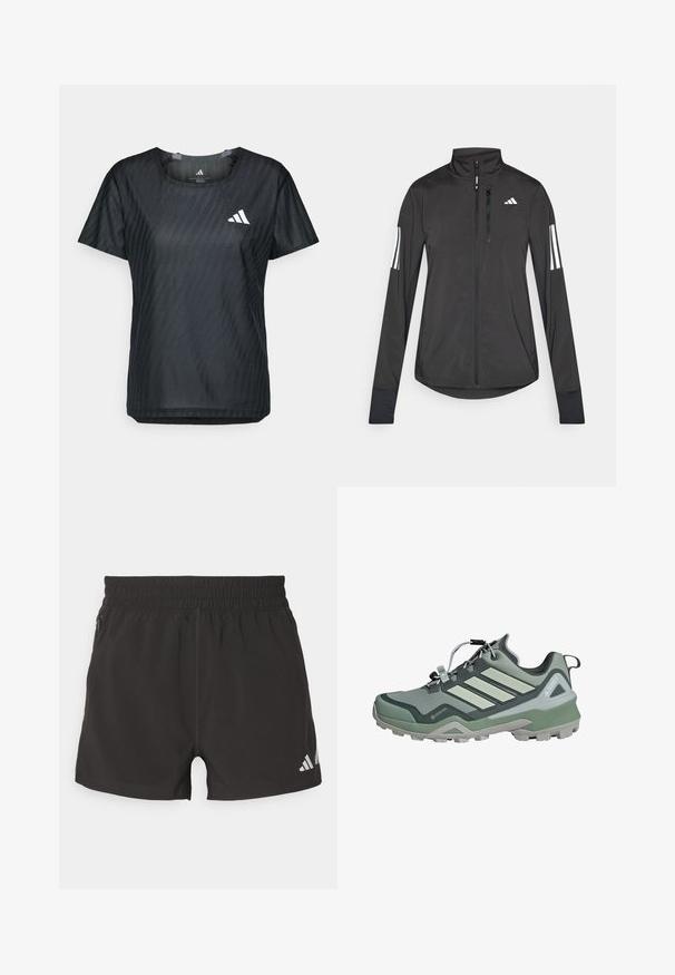 Svart treningsjakke laget av lett materiale. Har glidelås foran, høy krage og tre hvite striper på hver erme.; Svart sports t-skjorte med rund hals, korte ermer og teksturert stoff som har et subtilt mønster. Viser en hvit logo foran.; Svart treningshorts laget av lett materiale. Har elastisk midje, sidelomme med glidelås og et reflekterende logo på kanten.; Grønn turstøvel med overdel i mesh og syntetisk materiale, med tre reflekterende striper, gummisåle og snøresystem for en sikker passform.