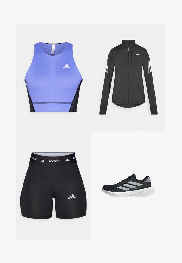 Giacchetto sportivo nero realizzato in materiale leggero. Presenta una chiusura frontale con zip, colletto alto e tre strisce bianche su ciascun manica.; Top sportivo corto viola con superficie testurizzata, pannelli laterali neri e logo bianco sull'area sinistra del petto. Design atletico con scollatura arrotondata.; Shorts neri realizzati in tessuto elastico con un design aderente. Presentano una larga fascia in vita nera etichettata "TECHFIT" e un logo bianco sulla gamba.; Scarpa da corsa nera con tomaia in mesh, tre strisce argentate, intersuola bianca e suola testurizzata. Presenta un colletto imbottito e chiusura con lacci.