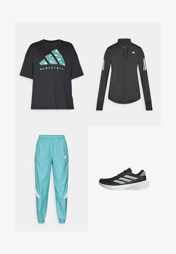 Zwarte sportjack gemaakt van lichtgewicht materiaal. Voorzien van een ritssluiting aan de voorkant, hoge kraag en drie witte strepen op elke mouw.; Zwart oversized t-shirt van katoen, voorzien van een turquoise abstract patroon en het woord "BASKETBALL" in contrasterende tekst onder het logo.; Teal sportbroek met elastische tailleband, voorzien van witte diagonale strepen op de onderbenen en zijzakken. Gemaakt van lichtgewicht materiaal.; Zwarte hardloopschoen met een mesh bovenzijde, drie zilveren strepen, witte middenzool en een gestructureerde loopzool. Heeft een gevoerde kraag en een vetersluiting.