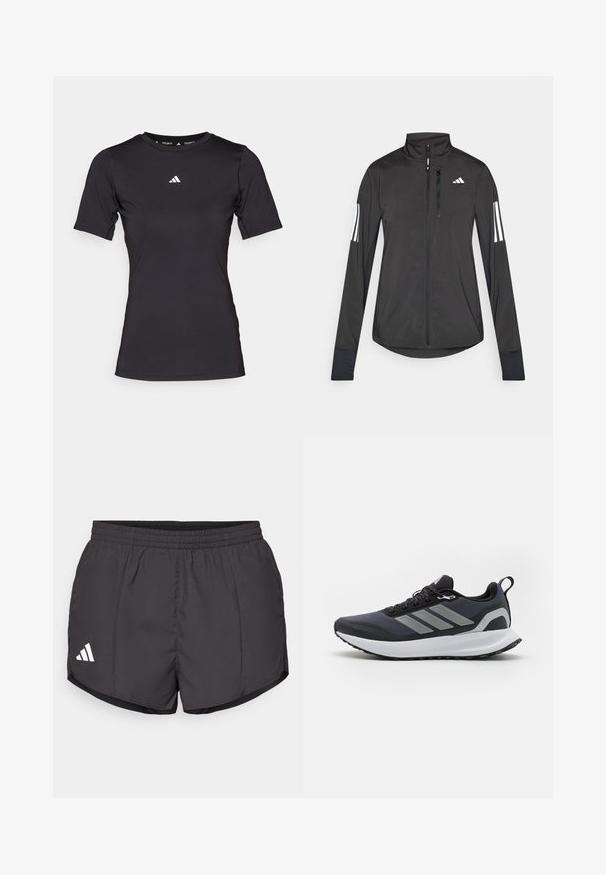 Čierna športová bunda vyrobená z ľahkého materiálu. Má zips vpredu, vysoký golier a tri biele pruhy na každom rukáve.; Čierne športové tričko s krátkym rukávom vyrobené z elastického materiálu. Má okrúhly výstrih a malé biele logo na prsiach.; Čierne športové šortky vyrobené z ľahkej látky, s elastickým pásom a bielym logom Adidas na dolnej ľavej strane.; Čierna športová obuv s vrchnou časťou z materiálu s mriežkovou štruktúrou, bielou medzipodrážkou, textúrovanou gumovou podrážkou a tromi šedými pruhmi po stranách. Obsahuje šnúrky a pútko.