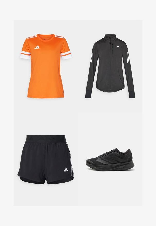 Must mustriga mustrin, millel on esiküljel lukuga, kõrge krae ja igal varrukal kolm valget triipu.; Oranž athletiline särk, mille valged ja oranžid triibulised varrukad on valmistatud siledast kangast. Rinnal on valge Adidas logo.; Musta sportlikud lühikesed püksid elastse vöökohtaga, millel on tekstuuriga riba, külgmised triibud ja alumises servas valge Adidas'i logo.; Mustad mustas jooksujalats, millel on hingav võrgust ülemine osa, ümardatud varvas, sujuv disain, tekstuuriga aktsendid ja mugavust tagav pehmendatud tald.