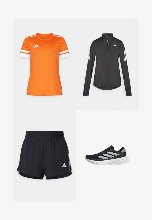 Černá atletická bunda vyrobená z lehkého materiálu. Má přední zip, vysoký límec a tři bílé pruhy na každém rukávu.; Oranžové sportovní tričko s bílými a oranžovými pruhovanými rukávy, vyrobené z hladkého materiálu. Na hrudi se nachází logo Adidas v bílé barvě.; Černé sportovní šortky s elastickým pasem, s texturovaným páskem, bočními pruhy a bílým logem Adidas na dolním lemu.; Černé běžecké boty s vrchní částí z prodyšné síťoviny, třemi stříbrnými pruhy, bílou mezipodešví a texturovanou podešví. Obsahují polstrovaný límec a šněrování.