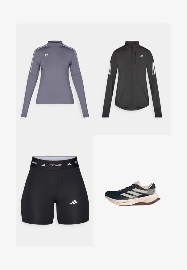 Zwarte sportjack gemaakt van lichtgewicht materiaal. Voorzien van een ritssluiting aan de voorkant, hoge kraag en drie witte strepen op elke mouw.; Langdurig grijs sportshirt met lange mouwen en een nep-kraag, witte accenten op de schouders en een Under Armour-logo op de linkerborst. Het materiaal is glad.; Zwarte shorts van rekbaar materiaal met een getailleerd ontwerp. Beschikt over een brede zwarte tailleband met het label "TECHFIT" en een wit logo op het been.; Hardloopschoen met een donkerblauwe mesh bovenkant, lichtbeige zool en een witte drie-strepen ontwerp. Heeft een strakke, aerodynamische vorm en textuuraccenten.