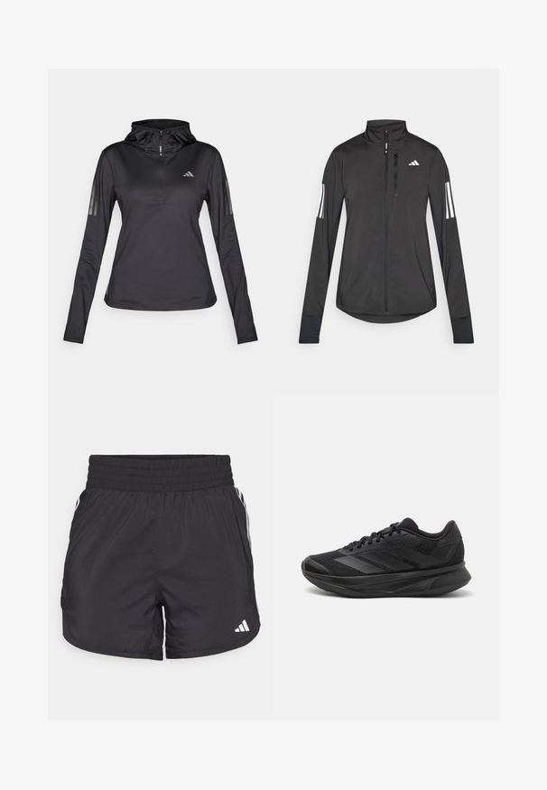 Black athletic jacket made of lightweight material. Features a front zipper, high collar, and three white stripes on each sleeve.; Black long-sleeve athletic hoodie with quarter zipper, textured fabric, adjustable hood, and reflective stripes on sleeves. Features logo on chest.; Black athletic shorts with an elastic waistband, side pockets, and white stripe accents on the sides. Made of lightweight material.; Black running shoe with a breathable mesh upper, rounded toe, sleek design, textured accents, and a cushioned sole for comfort.