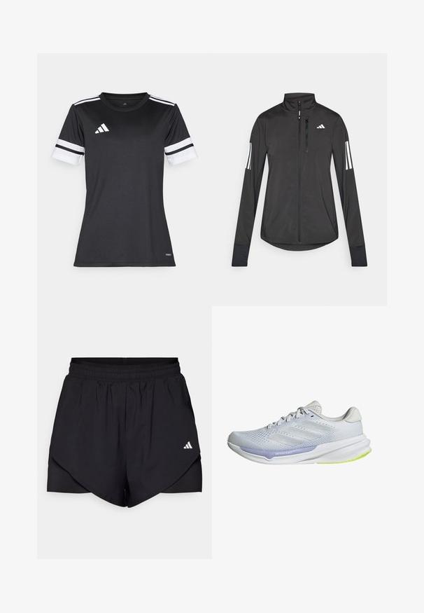 Musta urheilutakki, joka on valmistettu kevyestä materiaalista. Ominaisuuksiin kuuluu etuvetoketju, korkea kaulus ja kolme valkoista raitaa joka hihassa.; Musta urheilupaita, jossa on valkoisia yksityiskohtia ja kolme vaakasuoraa raitaa hihoissa. Valmistettu kosteutta siirtävästä kankaasta, suunniteltu urheilukäyttöön.; Mustat urheilushortsit, joissa on kerroksellinen muotoilu, valmistettu kevyestä kankaasta. Ominaisuuksiin kuuluu joustava vyötärö ja pieni valkoinen logo sivulla.; Valkoinen urheilukenkä, jossa on hengittävä verkkomateriaali, teksturoidut yksityiskohdat ja laventelinvärinen korostus. Varustettu pehmustetulla pohjalla, jossa on vihreät ulkopohjaton yksityiskohdat.