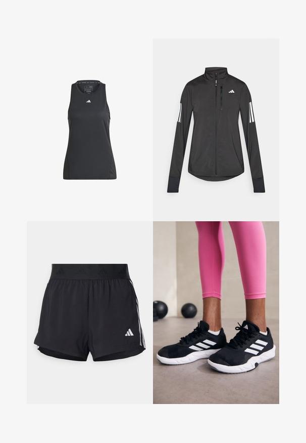 Chaqueta deportiva negra hecha de material ligero. Cuenta con una cremallera frontal, un cuello alto y tres franjas blancas en cada manga.; Top de athletic negro, hecho de material sintético. Presenta un escote redondo y un pequeño logo blanco de Adidas en el pecho. Textura suave.; Pantalones cortos deportivos negros con una cintura elástica, que presentan una banda texturizada, rayas laterales y un logo blanco de Adidas en el dobladillo inferior.; Zapatillas deportivas negras con rayas blancas, parte superior de malla texturizada y suela blanca. Combinadas con leggings rosa, exhibiendo ropa de entrenamiento.