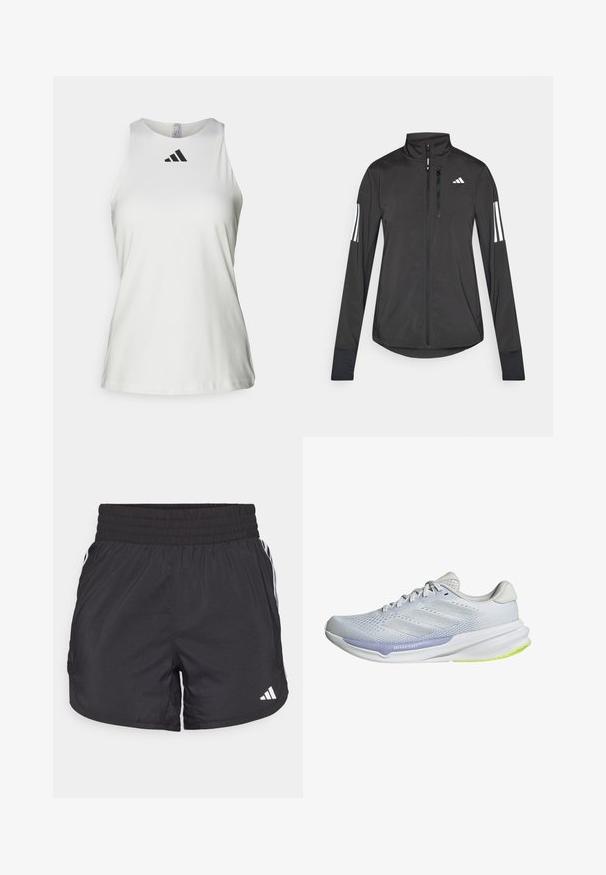 Black athletic jacket made of lightweight material. Features a front zipper, high collar, and three white stripes on each sleeve.; White sleeveless athletic top made of smooth fabric, featuring a round neckline and a black Adidas logo on the front.; Black athletic shorts with an elastic waistband, side pockets, and white stripe accents on the sides. Made of lightweight material.; White athletic shoe with a breathable mesh upper, textured design, and lavender accent. Features a cushioned sole with green outsole details.