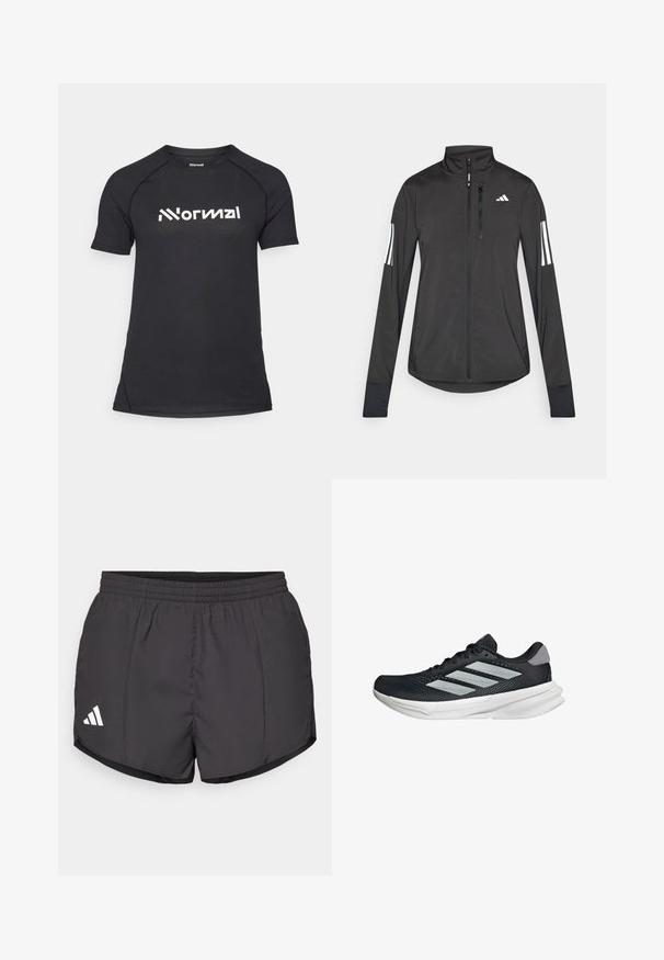 Černá atletická bunda vyrobená z lehkého materiálu. Má přední zip, vysoký límec a tři bílé pruhy na každém rukávu.; Černé sportovní tričko s krátkým rukávem, vyrobené z texturované tkaniny a s kontrastním bílým logem umístěným na hrudi. Zaoblený výstřih a přiléhavý střih.; Černé sportovní šortky vyrobené z lehkého materiálu, s elastickým pasem a bílým logem Adidas na dolní levé straně.; Černé běžecké boty s vrchní částí z prodyšné síťoviny, třemi stříbrnými pruhy, bílou mezipodešví a texturovanou podešví. Obsahují polstrovaný límec a šněrování.