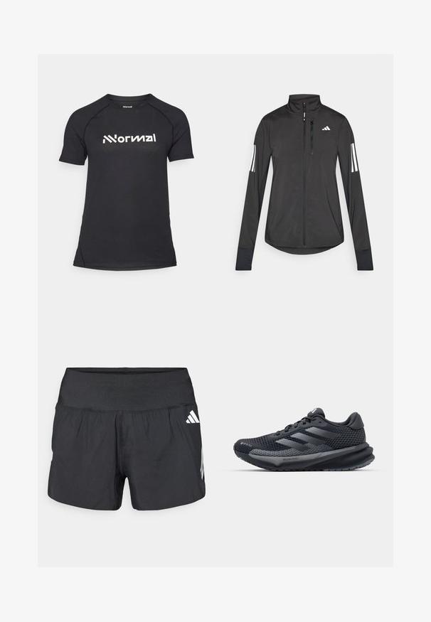 Chaqueta deportiva negra hecha de material ligero. Cuenta con una cremallera frontal, un cuello alto y tres franjas blancas en cada manga.; Camiseta atlética negra de manga corta con una tela texturizada y logo en blanco contrastante en el pecho. Cuello redondeado y diseño ajustado.; Pantalones cortos deportivos negros con una amplia cintura elástica, tela ligera y detalles de logo blancos en el lateral inferior.; Zapatilla deportiva negra con parte superior de malla texturizada, acentos reflectantes, suela acolchada y un diseño aerodinámico. Presenta el logo de tres rayas.