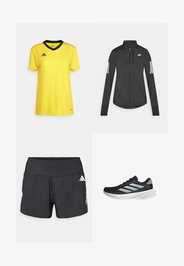 Zwarte sportjack gemaakt van lichtgewicht materiaal. Voorzien van een ritssluiting aan de voorkant, hoge kraag en drie witte strepen op elke mouw.; Geel sportshirt van gladde stof, met een zwarte V-hals en korte mouwen. Adidas-logo in het zwart weergegeven.; Zwarte sportshorts met een brede elastische tailleband, lichtgewicht stof en witte logo-accenten aan de onderkant zijkant.; Zwarte hardloopschoen met een mesh bovenzijde, drie zilveren strepen, witte middenzool en een gestructureerde loopzool. Heeft een gevoerde kraag en een vetersluiting.