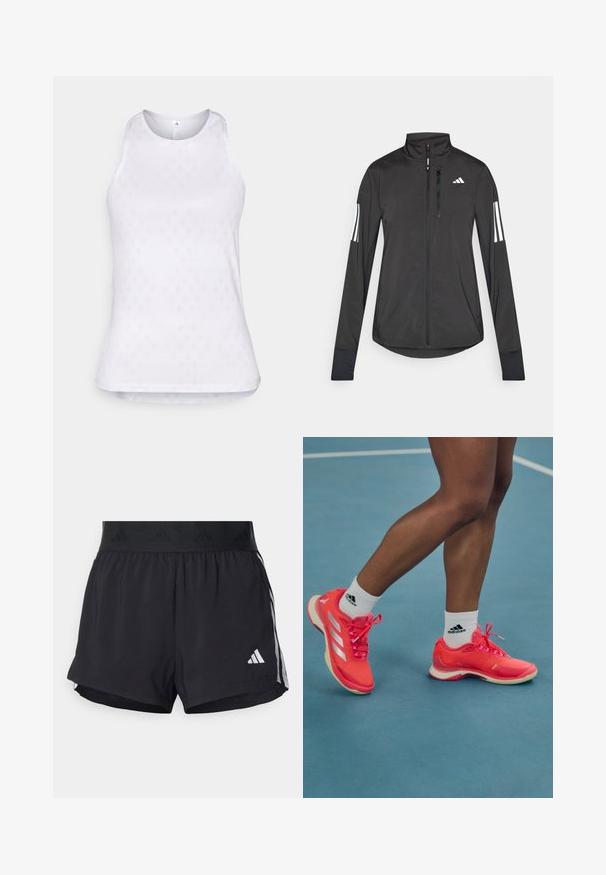 Schwarze Sportjacke aus leichtem Material. Mit einem Frontreißverschluss, hohem Kragen und drei weißen Streifen an jedem Ärmel.; Weißes ärmelloses Sportoberteil aus Mesh-Gewebe, das ein strukturiertes Diamantmuster aufweist und einen runden Halsausschnitt hat.; Schwarze Sportshorts mit einem elastischen Bund, ausgestattet mit einem strukturierten Band, seitlichen Streifen und einem weißen Adidas-Logo am unteren Saum.; Helle pinkfarbene Sportschuhe mit weißen Akzenten und Schnürsenkeln, die eine glatte Textur und eine Gummisohle aufweisen, getragen mit weißen Adidas-Socken.