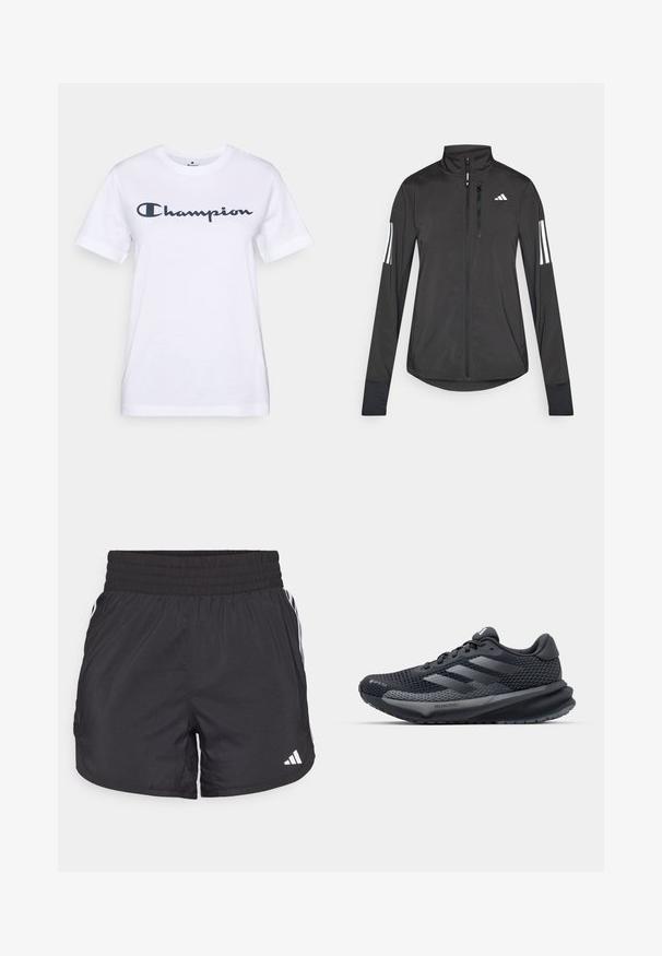 Sort atletisk jakke lavet af let materiale. Har en frontlynlås, høj krave og tre hvide striber på hver ærme.; Hvid bomulds t-shirt med korte ærmer og rund hals, der har et mørkeblåt "Champion" logo henover brystet. Blød tekstur, enkelt design.; Sorte atletiske shorts med elastisk talje, sidelommer og hvid stribeaccent på siderne. Fremstillet af letvægtsmateriale.; Sort sportsko med en struktureret mesh-overdel, refleksaccenter, polstret sål og et strømlinet design. Har tre-stribe logo.