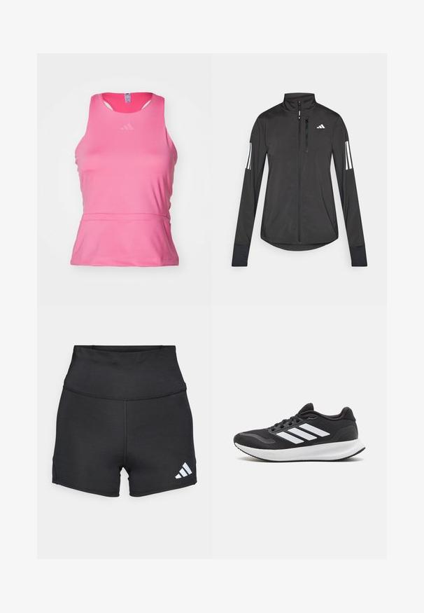Fekete sportos dzseki könnyű anyagból. Elöl cipzárral, magas gallérral és minden ujjon három fehér csíkkal rendelkezik.; Rózsaszín sportos ujjatlan felső, sima, könnyű anyagból. Kerek nyakkivágású, ujjatlan kialakítású, és diszkrét logó található a mellrészen.; adidas Performance Leggingek - black; Fekete sportcipő, hálós felsőrésszel, kerek orral és három fehér csíkkal az oldalán. Könnyű talp, texturált gumitalppal a jó tapadás érdekében.