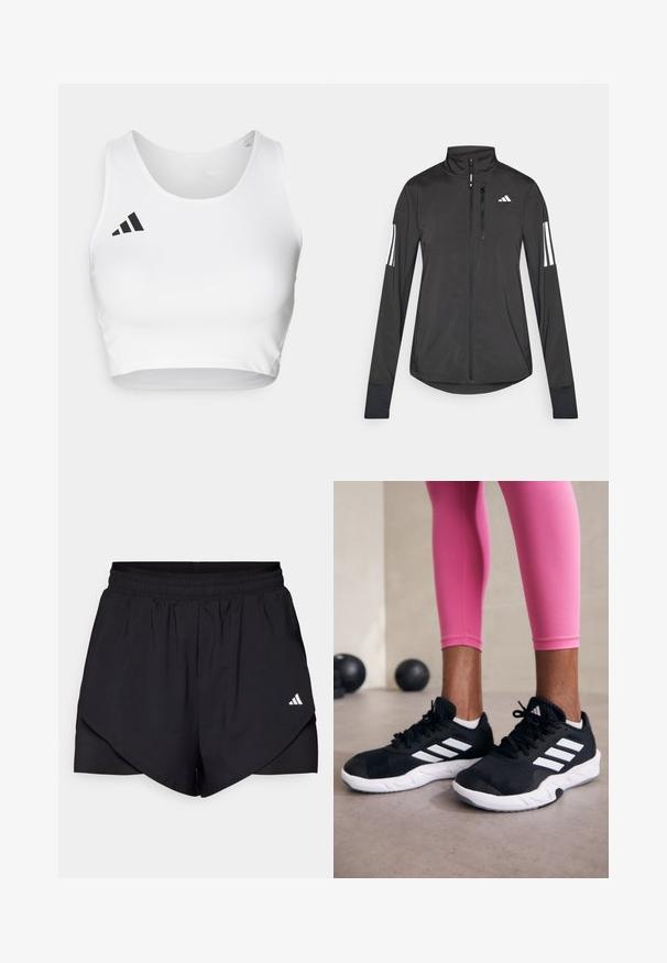 Must mustriga mustrin, millel on esiküljel lukuga, kõrge krae ja igal varrukal kolm valget triipu.; Valge spordipoe crop top sileda kangaga, ümmarguse kaelusega ja musta logo aktsendiga vasakul küljel.; Mustad mustad lühikesed püksid kihilise disainiga, valmistatud kergest kangast. Omavad elastset taljeosa ja väikest valget logo külgedel.; Mustad must sportlikud jalanõud valgete triipudega, tekstureeritud võrkkattega ülemine osa ja valge tallaga. Kombineeritud roosade retuusidega, tutvustades treeningriideid.