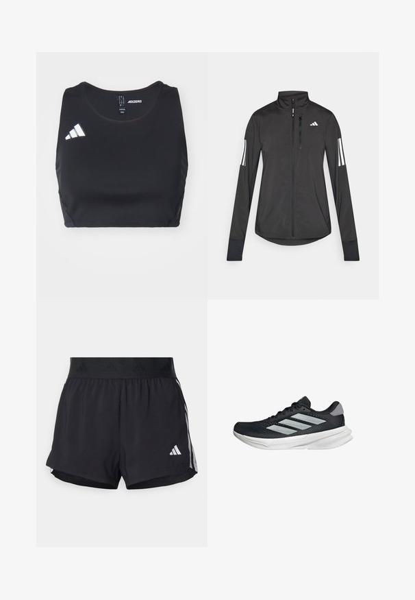 Černá atletická bunda vyrobená z lehkého materiálu. Má přední zip, vysoký límec a tři bílé pruhy na každém rukávu.; Černý sportovní crop top vyrobený z elastického materiálu. Má kulatý výstřih a bílé logo adidas na levé straně. Hladká textura.; Černé sportovní šortky s elastickým pasem, s texturovaným páskem, bočními pruhy a bílým logem Adidas na dolním lemu.; Černé běžecké boty s vrchní částí z prodyšné síťoviny, třemi stříbrnými pruhy, bílou mezipodešví a texturovanou podešví. Obsahují polstrovaný límec a šněrování.