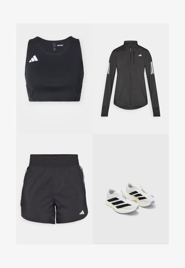 Juodas sportinis švarkas, pagamintas iš lengvos medžiagos. Yra priekinis užtrauktukas, aukšta apykaklė ir trys baltos juostos kiekviename rankovėje.; Juodas sportinis trumpas viršus, pagamintas iš elastingos medžiagos. Turi apvalų iškirpimo kraštą ir baltą "adidas" logotipą kairėje pusėje. Lygi tekstūra.; Juodos sportinės šortai su elastingu juosmeniu, šoninėmis kišenėmis ir baltais juostelėmis šonuose. Pagaminti iš lengvos medžiagos.; Balti sportiniai bateliai su juodomis juostomis ir ženklinimu, turintys tinklelio viršutinę dalį, apvalų pirštą ir storą grietinę spalvos padą, skirtą amortizacijai.
