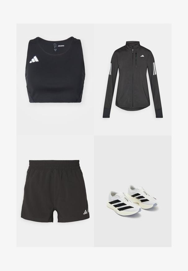 Juodas sportinis švarkas, pagamintas iš lengvos medžiagos. Yra priekinis užtrauktukas, aukšta apykaklė ir trys baltos juostos kiekviename rankovėje.; Juodas sportinis trumpas viršus, pagamintas iš elastingos medžiagos. Turi apvalų iškirpimo kraštą ir baltą "adidas" logotipą kairėje pusėje. Lygi tekstūra.; Juodi sportiniai šortai, pagaminti iš lengvos medžiagos. Turi elastingą juosmenį, šoninį užtrauktuką kišenę ir atspindinčią logotipą ant apatinio krašto.; Balti sportiniai bateliai su juodomis juostomis ir ženklinimu, turintys tinklelio viršutinę dalį, apvalų pirštą ir storą grietinę spalvos padą, skirtą amortizacijai.