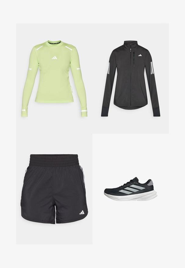 Zwarte sportjack gemaakt van lichtgewicht materiaal. Voorzien van een ritssluiting aan de voorkant, hoge kraag en drie witte strepen op elke mouw.; Lichtgroene sportshirt met lange mouwen, gemaakt van een textuurstof, met reflecterende accenten op de mouwen en een klein wit logo op de borst.; Zwarte sportieve shorts met een elastische tailleband, zijzakken en witte streepaccenten aan de zijkanten. Gemaakt van lichtgewicht materiaal.; Zwarte hardloopschoen met een mesh bovenzijde, drie zilveren strepen, witte middenzool en een gestructureerde loopzool. Heeft een gevoerde kraag en een vetersluiting.