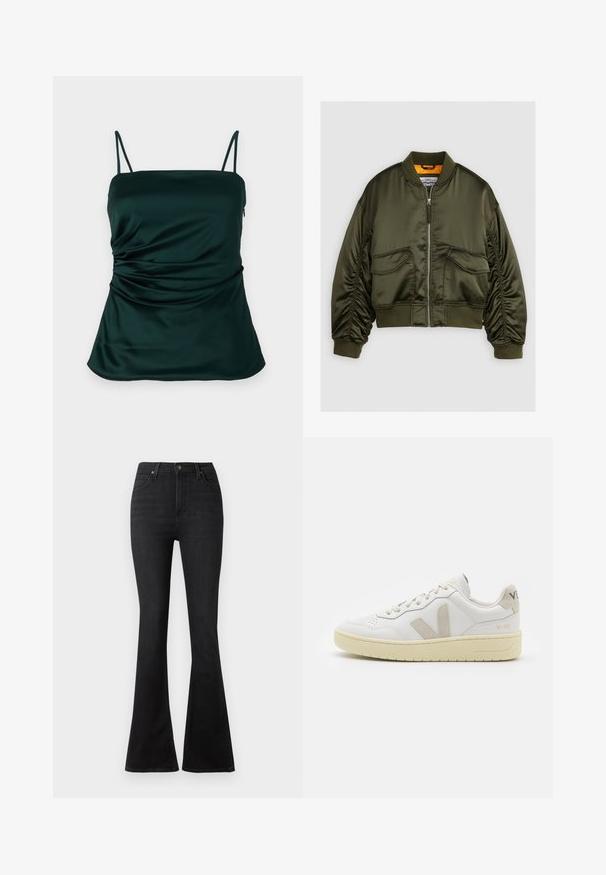 Olivovo zelená bomber bunda vyrobená z saténovej tkaniny, so zipsom na prednej strane, so žebrovanými manžetami a dvoma prednými vreckami. Doplnková s oranžovou podšívkou.; Tmavozelená saténová tielko s tenkými ramienkami, s riasením na boku a hladkou, jemnou textúrou. Nastaviteľný strih.; Čierne rozšírené džínsy z denimu, s vysokým pásom, prednými vreckami a klasickým dizajnom piatich vreciek s kovovými gombíkmi.; Biele kožené tenisky s béžovými semišovými akcentmi, perforovanou špičkou, plochými šnúrkami a textúrovanou krémovou podrážkou. Obsahujú jemné označenie na päte.