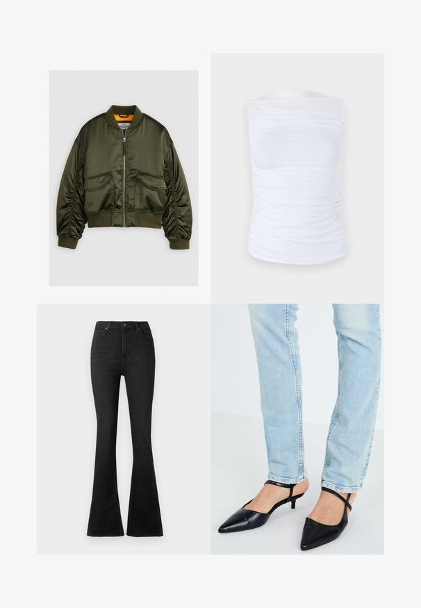 Olīvzaļš bomber jakas uzvalks, kas izgatavots no satīna auduma, ar rāvējslēdzēja pie frontes, ribotām aprocēm un divām priekšējām kabatām. Akcentēts ar apelsīnu odere.; Balta bez piedurknēm tops, kas izgatavots no gludas, elastīgas auduma, ar saplacinātiem elementiem sānos, ar apaļu dekoltē un pieguļošu siluetu.; Melnas platu kāju džinsas, izgatavotas no denima, ar augstu jostu, priekšējām kabatām un klasisku piecu kabatu dizainu ar metāla pogām.; Melnas ādas, ar smailiem purngaliem, slingback papēžkurpes ar zemiem kitten papēžiem un siksniņu ap potīti, apvienotas ar gaiši ziliem džinsiem.