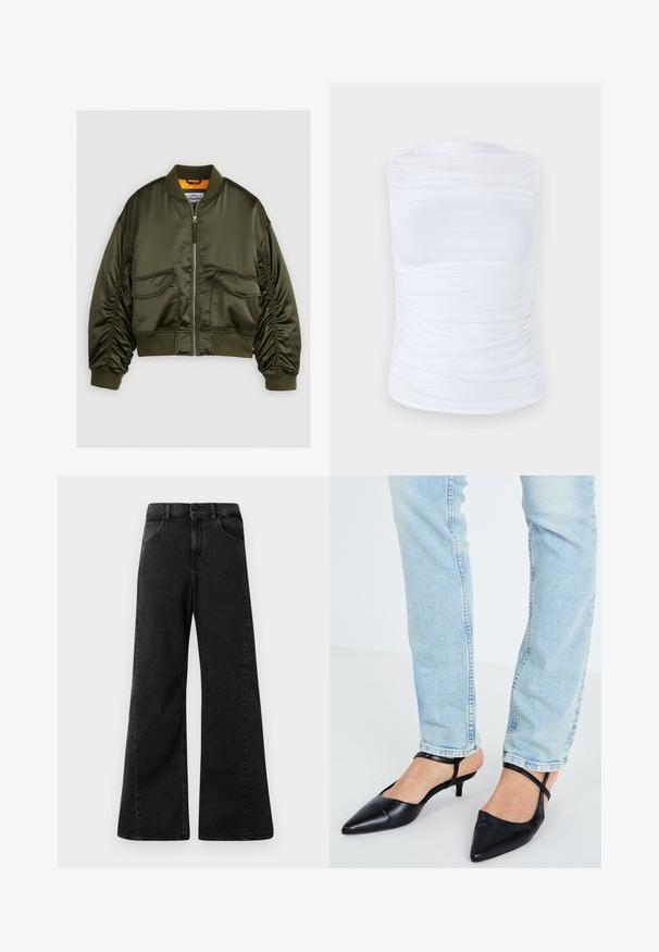 Olíva zöld bomberdzseki selyem anyagból, cipzáras elülső részével, bordázott mandzsettáival és két első zsebével. Narancssárga béléssel kiemelve.; Fehér, ujjatlan felső sima, rugalmas anyagból, az oldalakon redőzött részletekkel, kerek nyakkivágással és fitted sziluettel.; Magas derekú fekete farmernadrág, széles szárú dizájnnal, elülső zsebekkel és gombos derékkal.; Fekete bőr, hegyes orrú, slingback sarkú cipők alacsony kiskit részen, boka körüli pánttal, világoskék farmerrel párosítva.