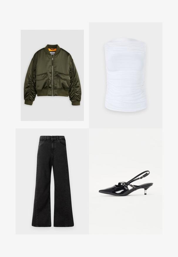 Olive green bomber jacket made from satin fabric, featuring a zip-up front, ribbed cuffs, and two front pockets. Accented with an orange lining.; White sleeveless top made of smooth, stretchy fabric with gathered details along the sides, featuring a round neckline and a fitted silhouette.; High-waisted black denim jeans with a wide leg design, featuring front pockets and a button closure at the waist.; Black patent leather slingback shoes with pointed toe, narrow heel, and adjustable buckle strap across the instep. Smooth texture.