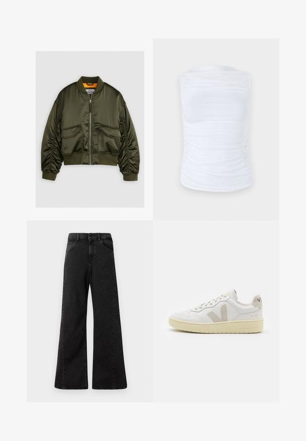 Maslinasto zeleni bomber jakna izrađena od satenske tkanine, s prednjim zatvaračem, rebrastim manžetama i dva prednja džepa. Ukrašena narančastom podstavom.; Bijela bezrukavna majica napravljena od glatkog, rastezljivog materijala s nabr mansionja duž strana, koja ima okrugli izrez i prilagođeni kroj.; Visoko strukirane crne traperice širokih nogavica, s prednjim džepovima i kopčanjem na dugme u struku.; Bijele kožne tenisice s bež nubuk naglascima, perforiranim prednjim dijelom, ravnim čipkama i teksturiranom kremastom potplatom. Sadrži suptilni brend na pete.